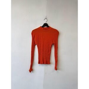 Vintage Express Sweater Womens XS Orange Ribbed Mock Neck Stretch Knit Top 90s